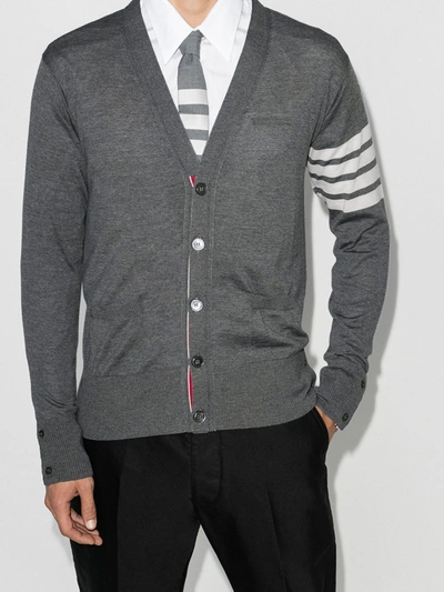 Thom Browne V-neck Cardigan With 4-bar Stripe In Medium Grey Merino In Grau