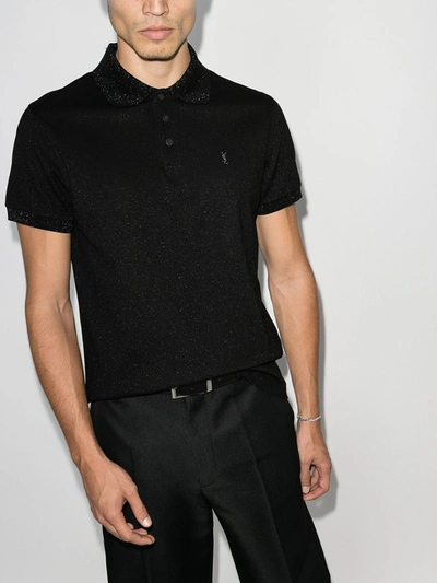 Shop Saint Laurent Metallic Pique Polo Shirt In Black