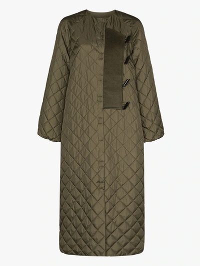 Shop Ganni Quilted Ripstop Coat In Green