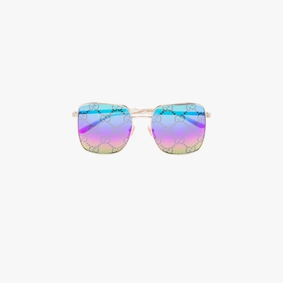 Shop Gucci Gold Tone Logo Square Sunglasses In Blue