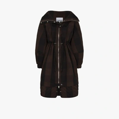 Shop Ganni Black Checked Zip-up Parka Coat