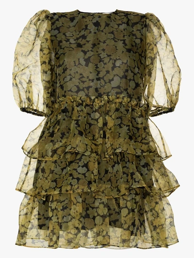 Shop Ganni Floral Print Tiered Mini Dress In Yellow