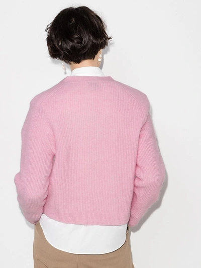 Shop Ganni Cropped Knitted Cardigan In Pink