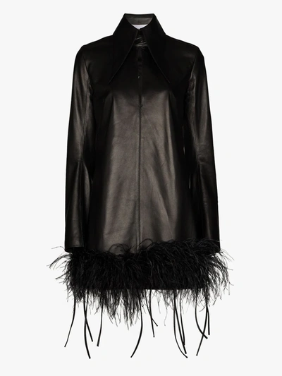Shop 16arlington Michelle Feather Trim Leather Mini Dress In Black