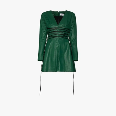 Shop 16arlington Iris V-neck Leather Mini Dress In Green