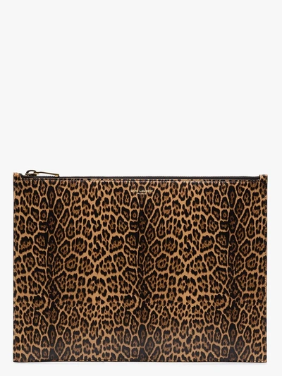 Shop Saint Laurent Brown Paris Large Leopard Print Pouch