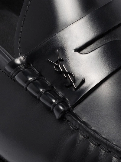 Shop Saint Laurent Monogram Leather Penny Loafers In Black