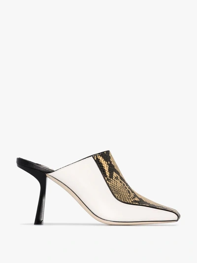 Shop Jimmy Choo Black, White And Brown Marcel 85 Mock Snake Leather Mules