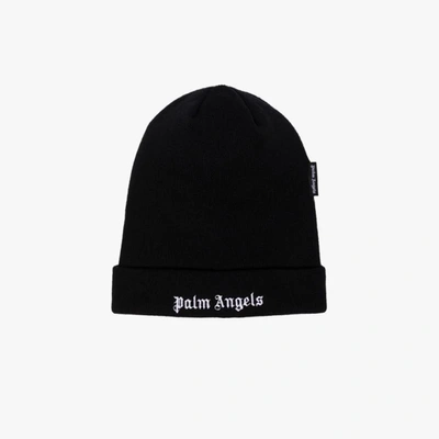 Shop Palm Angels Black Embroidered Logo Wool Beanie Hat