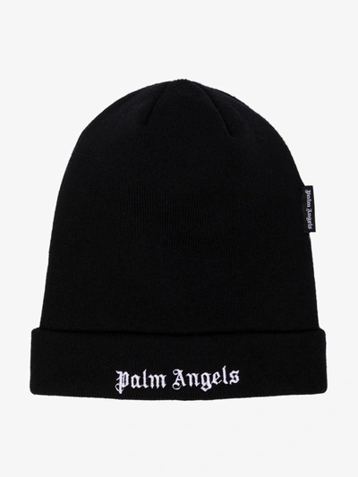 Shop Palm Angels Black Embroidered Logo Wool Beanie Hat