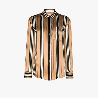 Shop Burberry Icon Stripe Silk Shirt In Brown