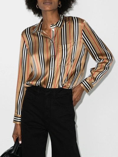 Shop Burberry Icon Stripe Silk Shirt In Brown