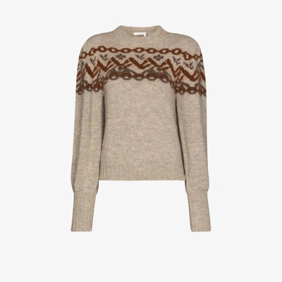 Shop Chloé Brown Fair Isle Knit Pouf Sleeve Sweater