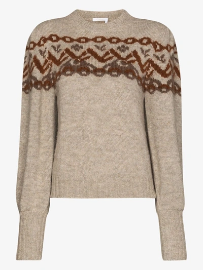 Shop Chloé Brown Fair Isle Knit Pouf Sleeve Sweater