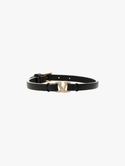 Shop Valentino Black Crystal Vlogo Leather Bracelet