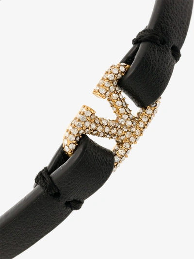 Shop Valentino Black Crystal Vlogo Leather Bracelet
