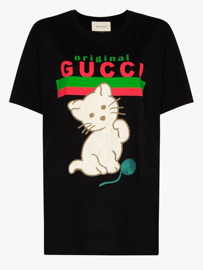 Shop Gucci Embroidered Cat Logo T-shirt In Black