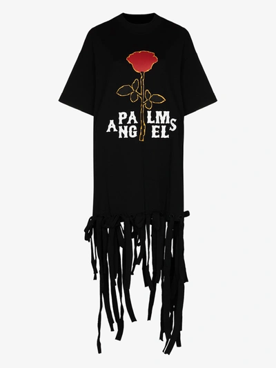 Shop Palm Angels Rose-print Fringed T-shirt In Black