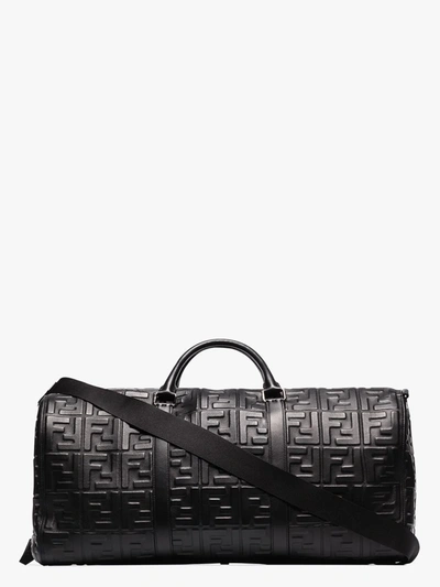Shop Fendi Black Embossed Logo Leather Holdall Bag