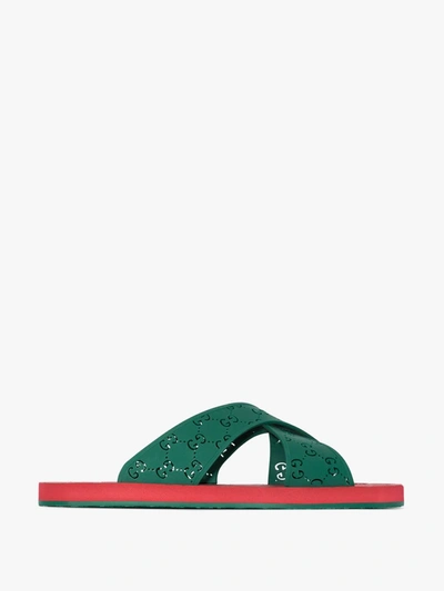Shop Gucci Green Gg Logo Rubber Sandals