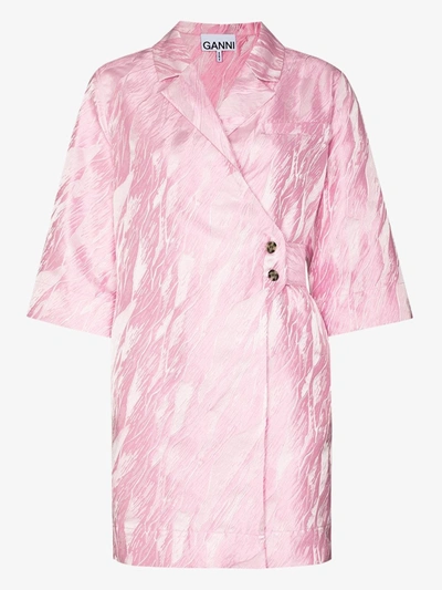 Shop Ganni Jacquard Wrap Front Mini Dress In Pink
