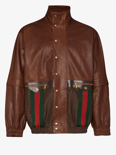 Shop Gucci Web Stripe Leather Jacket In Brown