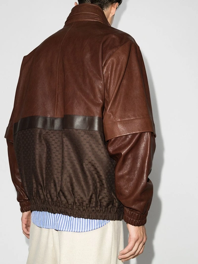 Shop Gucci Web Stripe Leather Jacket In Brown
