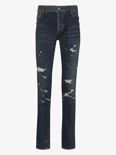 Shop Balmain Blue Distressed Slim Leg Jeans