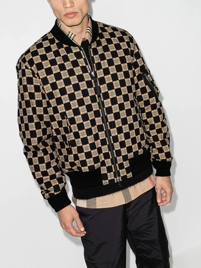 Shop Burberry Brookland Checked Bomber Jacket In Black