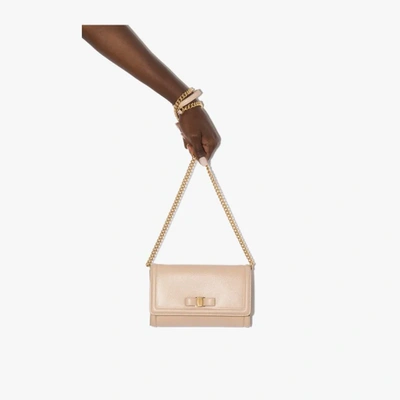 Shop Ferragamo Neutral Vara Bow Chain Leather Mini Bag In Neutrals