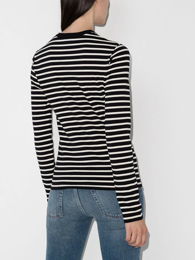 Shop Saint Laurent Grey Embroidered Logo Striped Top