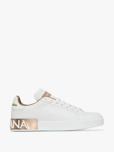 Dolce & Gabbana Portofino White And Gold Low Top Sneakers With Logo In Leather Woman In White