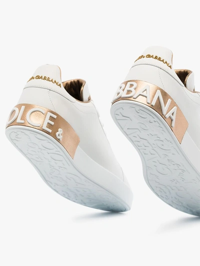 Dolce & Gabbana Portofino White And Gold Low Top Sneakers With Logo In Leather Woman In White