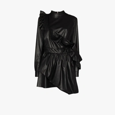 Shop Natasha Zinko Black Faux Leather Ruffle Mini Dress