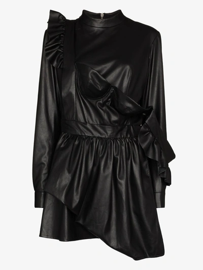 Shop Natasha Zinko Black Faux Leather Ruffle Mini Dress