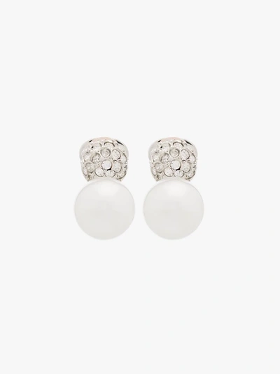 Shop Kenneth Jay Lane Silver Tone Pavé Crystal Pearl Clip Earrings