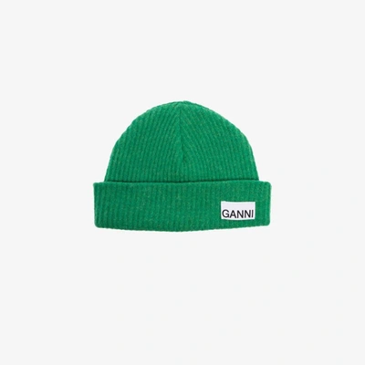 Shop Ganni Green Ribbed Beanie Hat