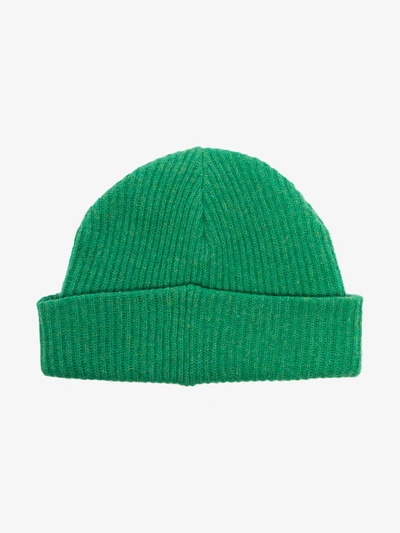 Shop Ganni Green Ribbed Beanie Hat
