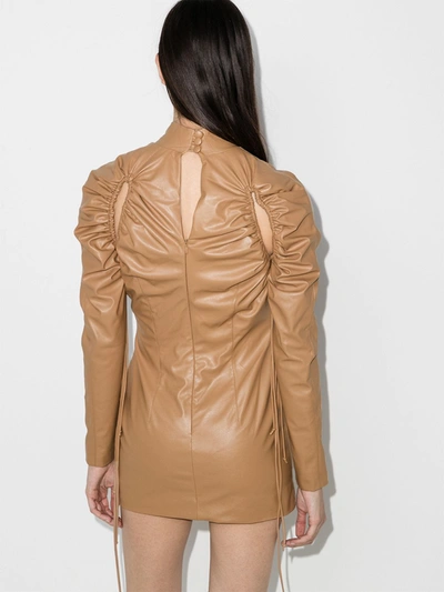Shop Aleksandre Akhalkatsishvili Faux Leather Ruched Cutout Mini Dress In Brown