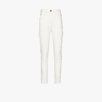 Shop Balmain White Cargo Pocket Skinny Jeans