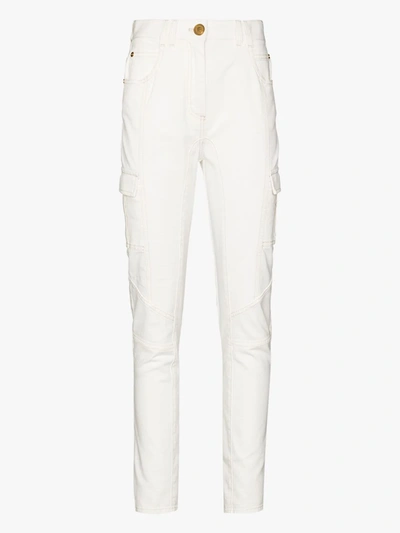 Shop Balmain White Cargo Pocket Skinny Jeans