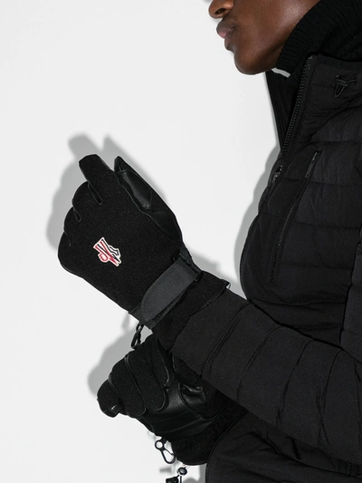 Shop Moncler Black Leather Panelled Gloves