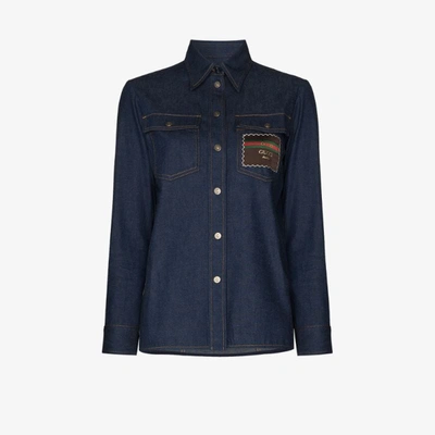 Shop Gucci Boutique Logo Patch Denim Shirt In Blue