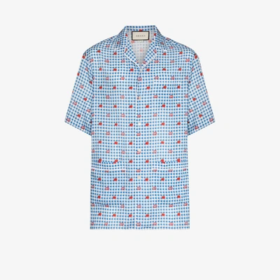 Shop Gucci Gingham Logo Linen Shirt In Blue