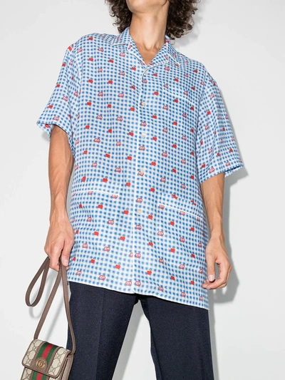 Shop Gucci Gingham Logo Linen Shirt In Blue