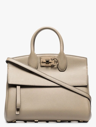 Shop Ferragamo Grey Studio Medium Leather Top Handle Bag In Neutrals