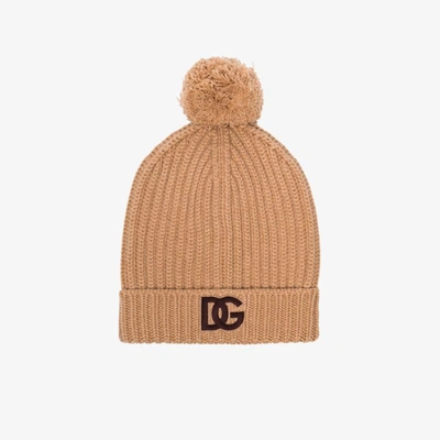 Shop Dolce & Gabbana Neutral Logo Knitted Cashmere Beanie Hat In Brown