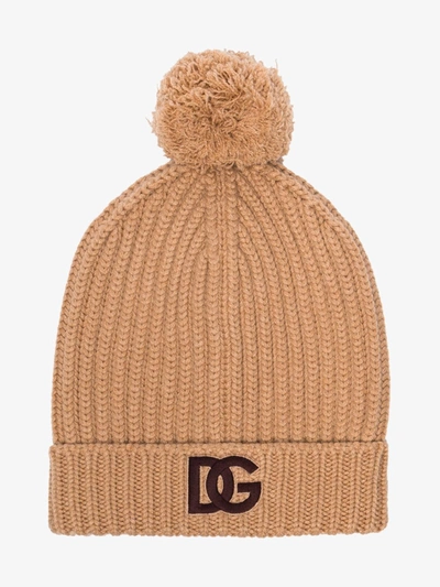 Shop Dolce & Gabbana Neutral Logo Knitted Cashmere Beanie Hat In Brown