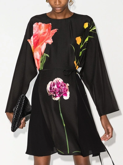 Shop Valentino Black Floral Belted Mini Dress