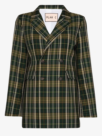 Shop Plan C Green Double-breasted Checked Blazer